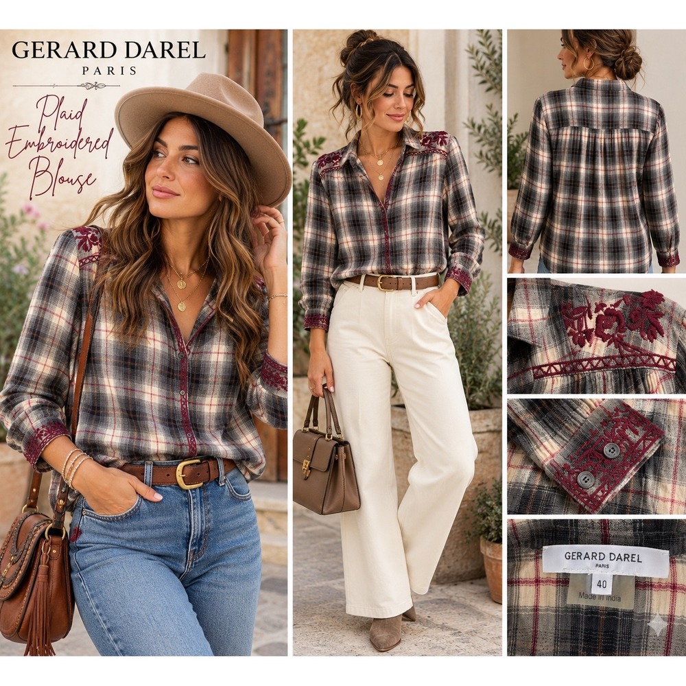Gerard Darel Paris Plaid Embroidered Blouse Grey Red Cotton Size 40 DKC41K149